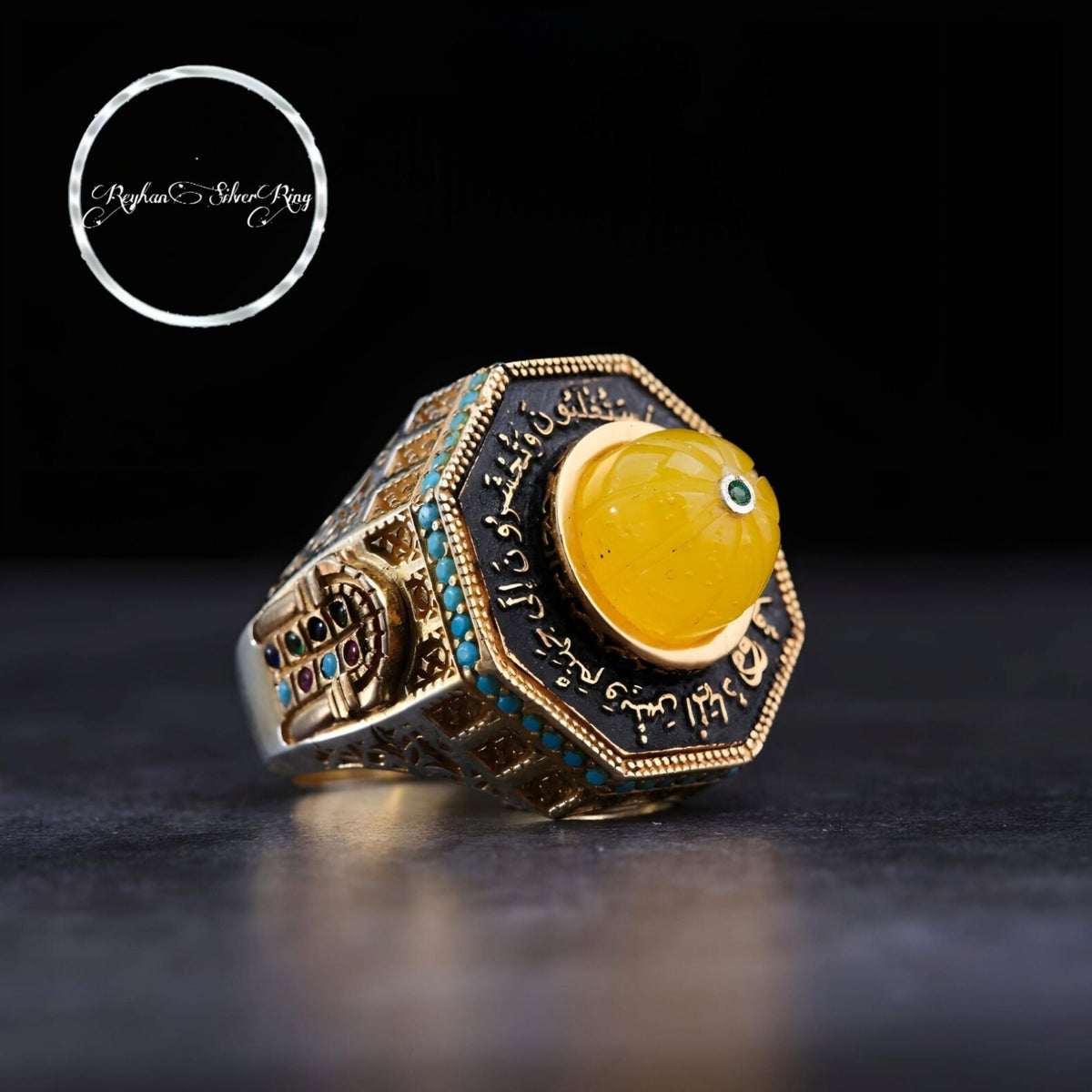 Jerusalem Dome of the Rock ring with yellow amber in 925 sterling silver