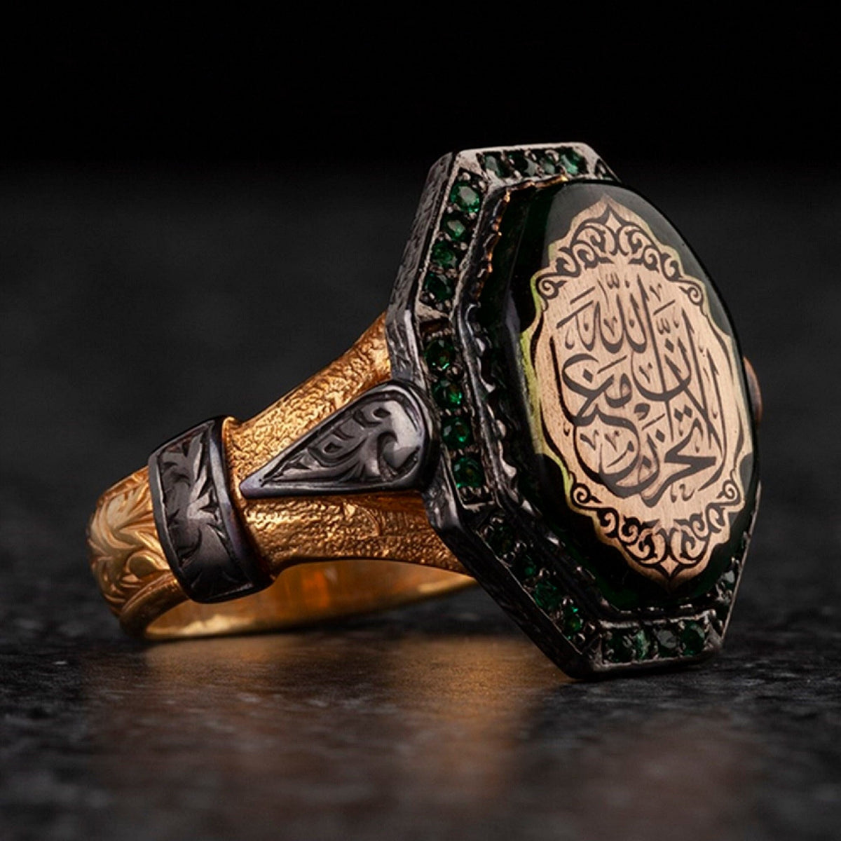 La Tahzen Ring, Carved Green Amber in 925 sterling silver