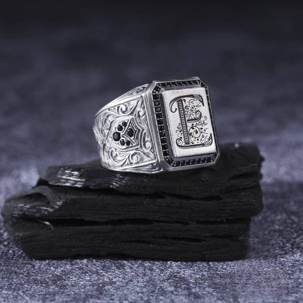 Letter men's ring with black zircon in 925 sterling silver