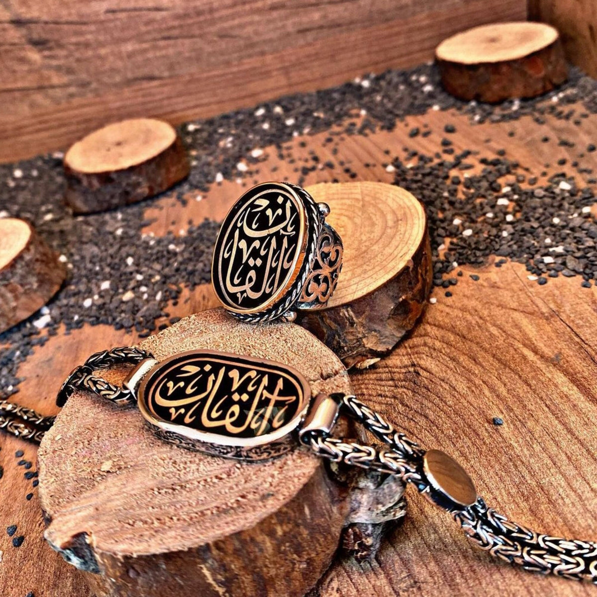 Men's ring and bracelet set with HasbiAllah in 925 sterling silver
