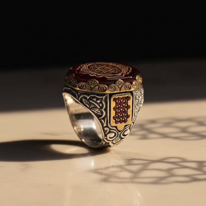 Solomon Seal Red Amber Ring 925 Silver Islamic Talisman