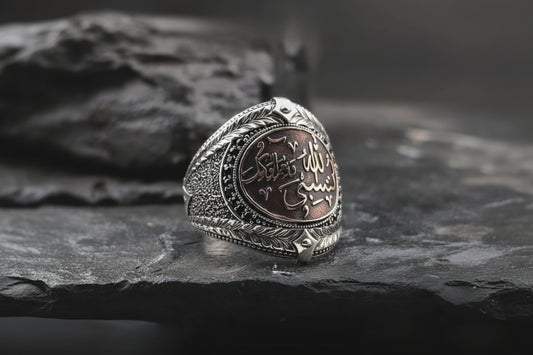 Hasbiyallah Ring 925 Silver Islamic Black Zircon Men Handmade