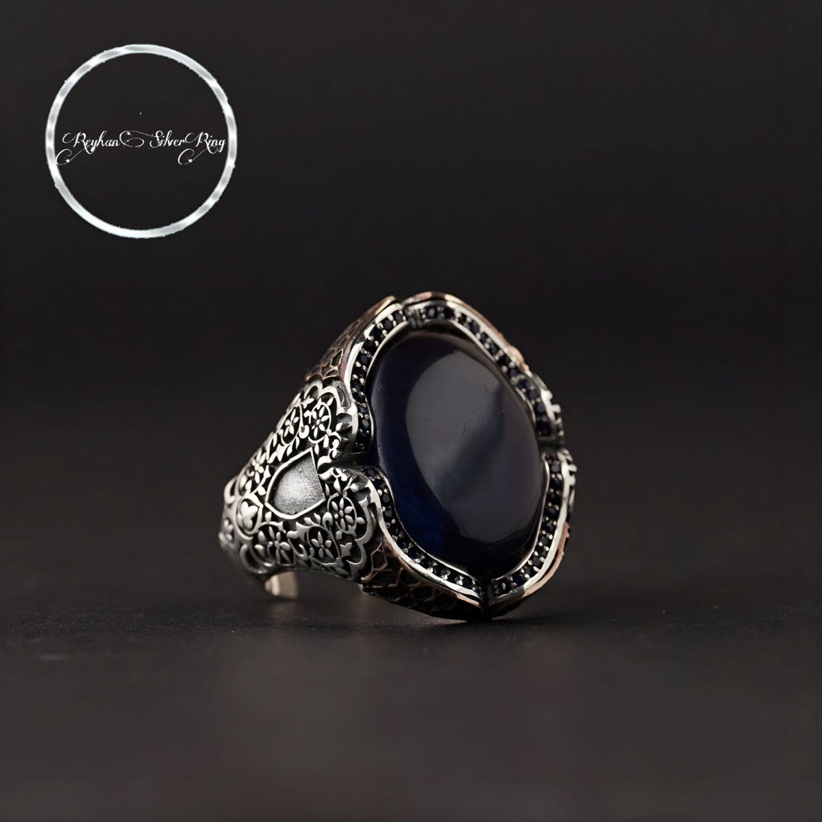 Navy blue fire amber men's ring in 925 sterling silver