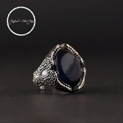 Navy blue fire amber men's ring in 925 sterling silver