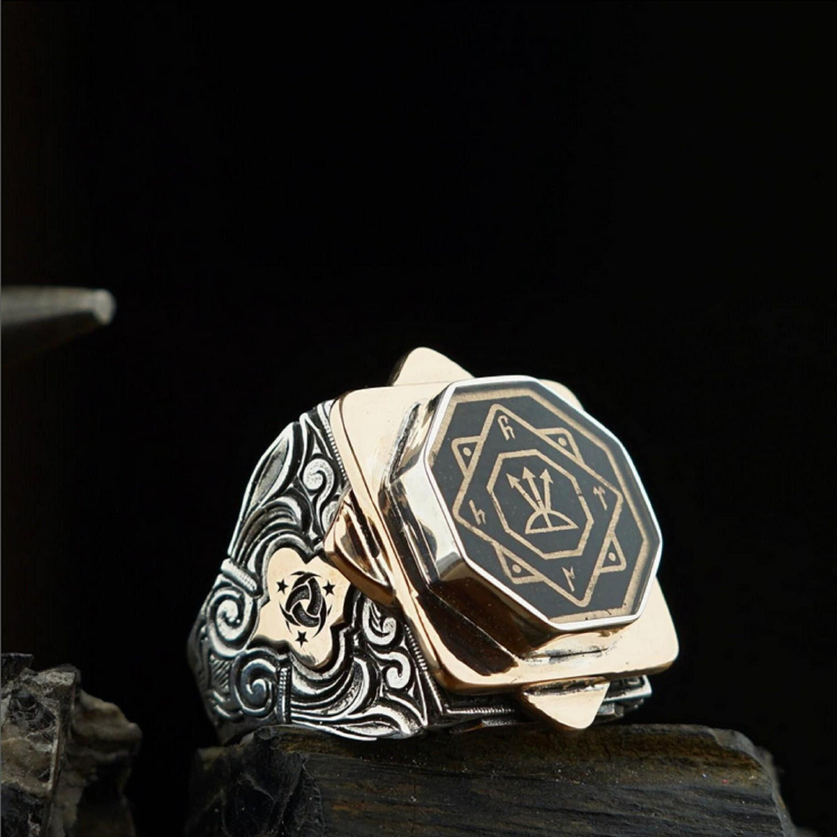 Oghuz Khan seal octagon ring in 925 sterling silver