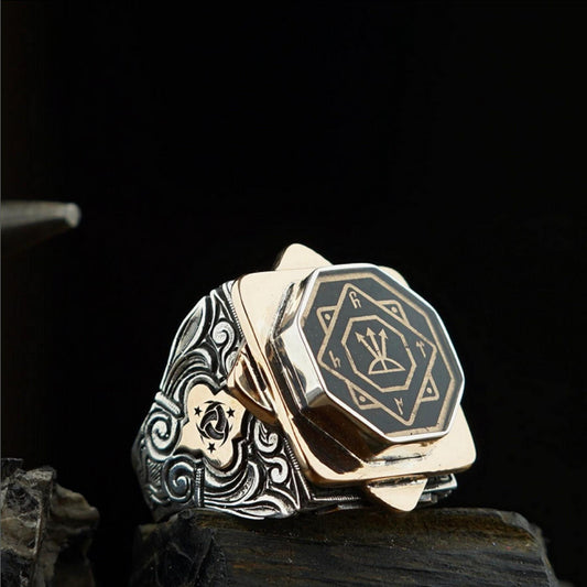 Oghuz Khan seal octagon ring in 925 sterling silver
