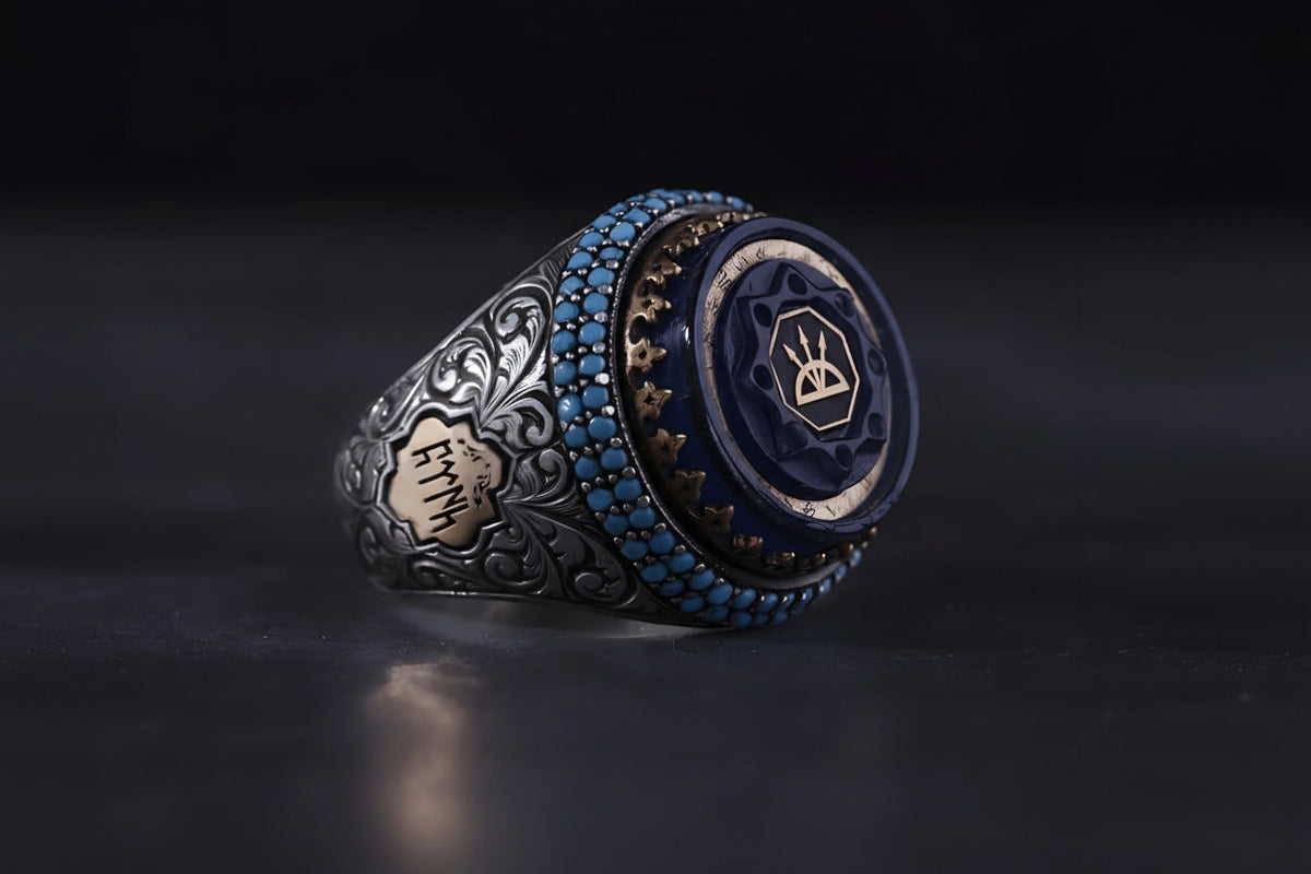 Oguz Khan Seal Ring Blue Amber 24 Tribes in 925 sterling silver