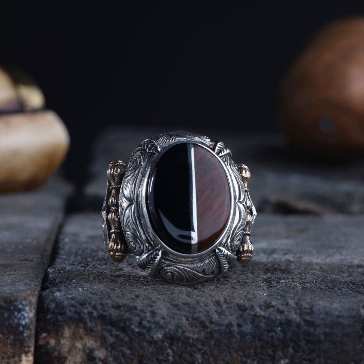 Oltu Stone Ring, Pencil Engraved Design in 925 sterling silver
