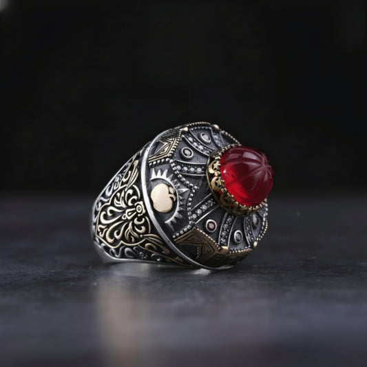 Otag Tent Model Fire Amber Onyx Garnet Ring in 925 sterling silver