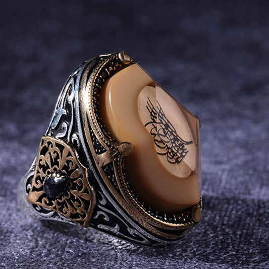 Ottoman seal amber men's ring in 925 sterling silver