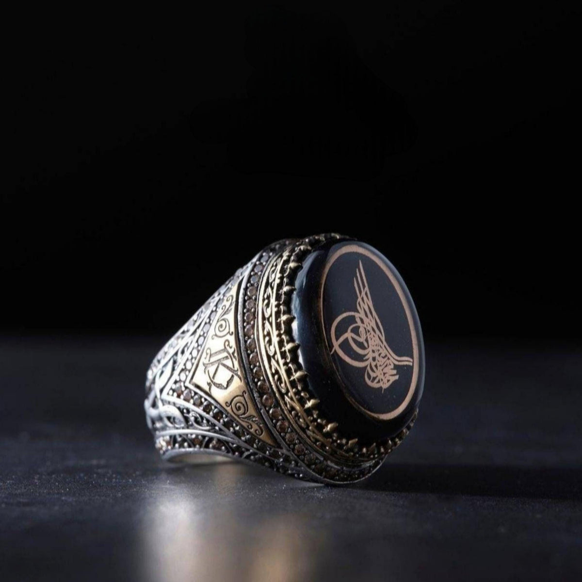 Ottoman Tughra Ring, Black Amber, Custom Initials in 925 sterling silver