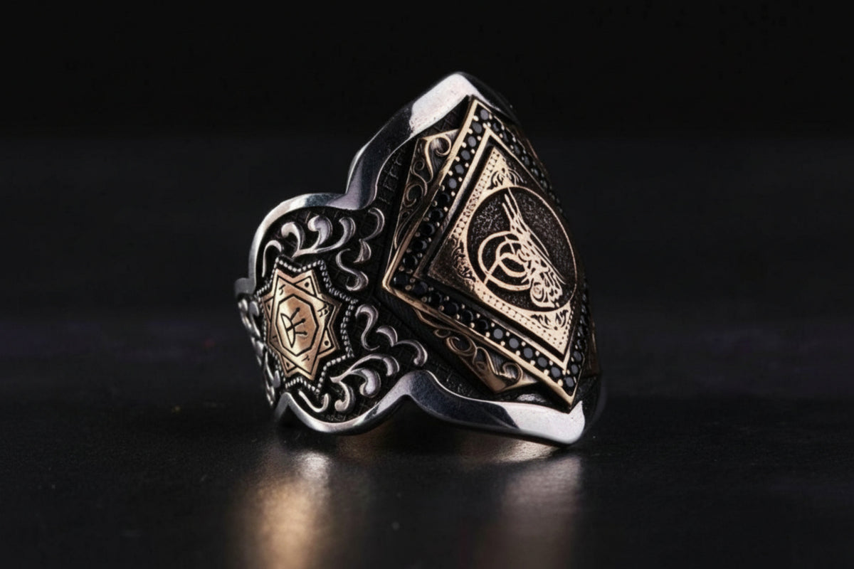 Ottoman Tugra Thumb Ring, Black Zircon, Zihgir in 925 sterling silver