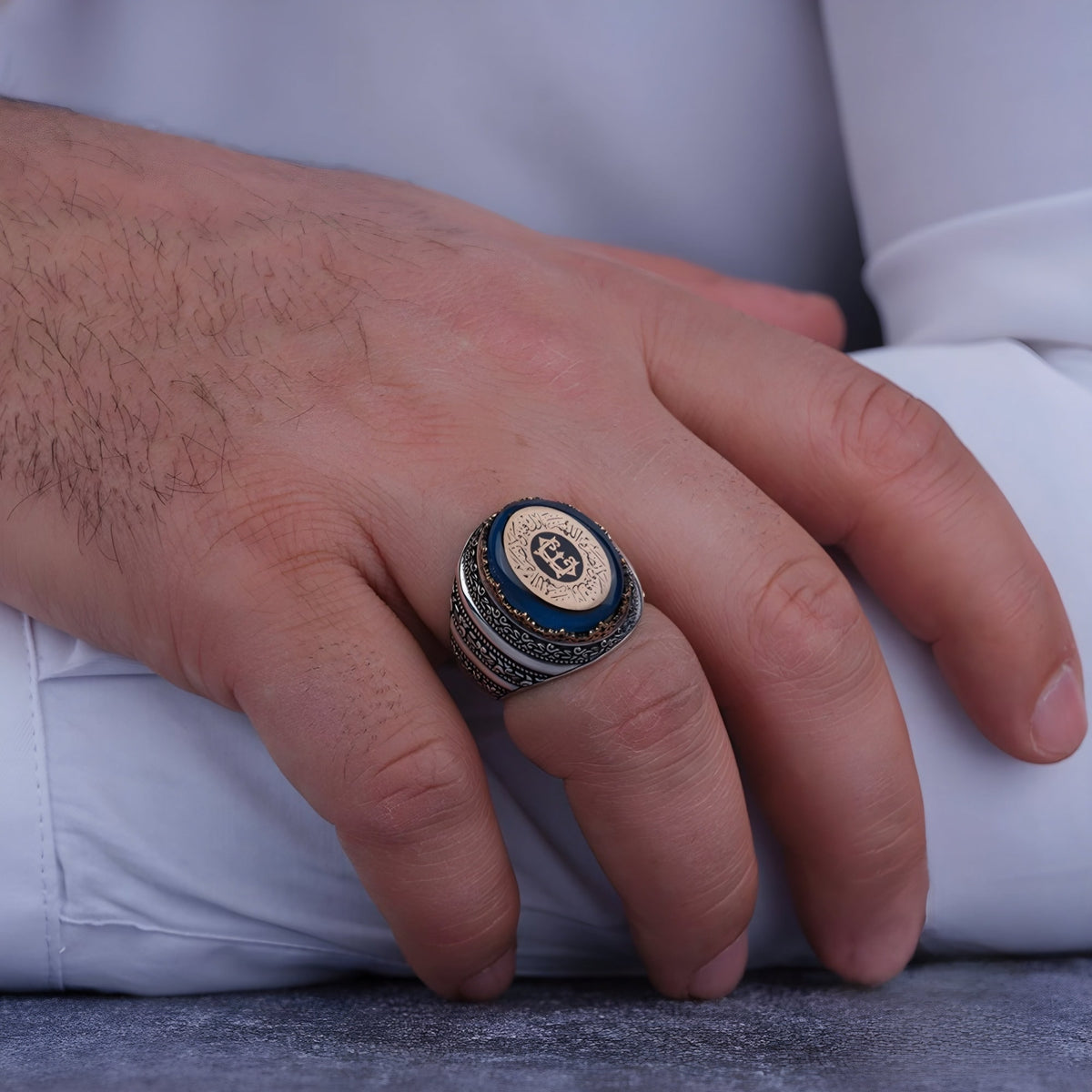 Personalized oval blue stone men's ring in 925 sterling silver