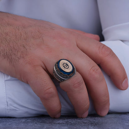 Personalized oval blue stone men's ring in 925 sterling silver
