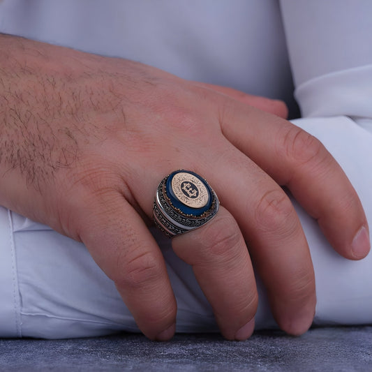 Personalized oval blue stone men's ring in 925 sterling silver