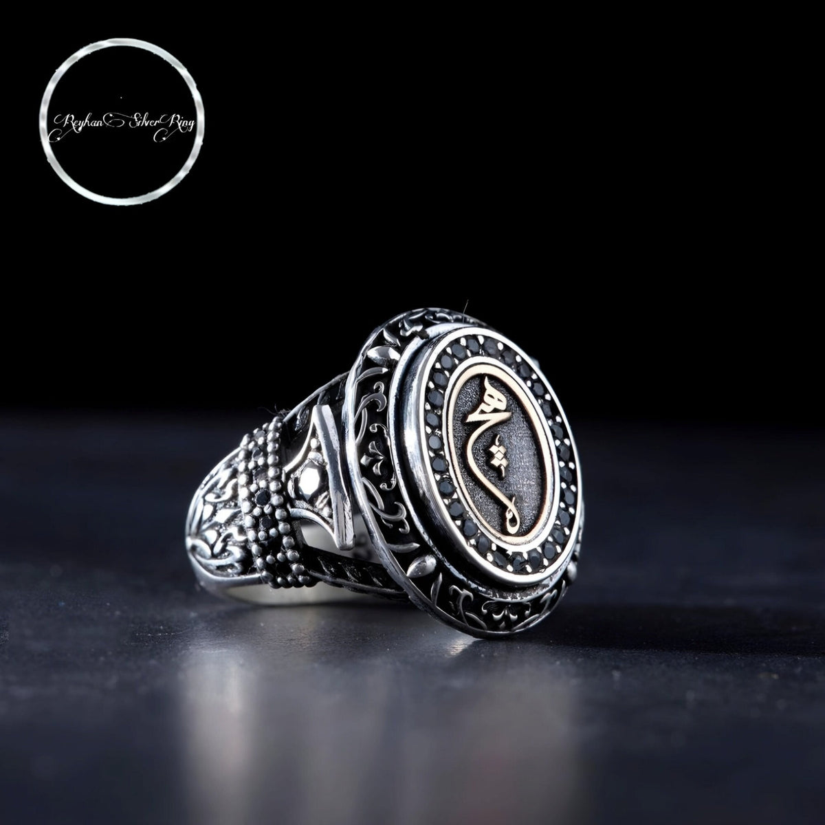 Personalized Arabic letter men's ring with Ottoman motifs in 925 sterling silver
