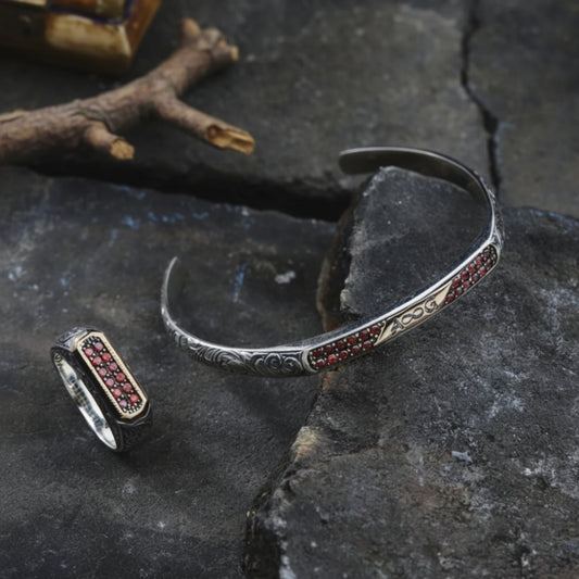 Personalized Name Cuff Bracelet & Ring Set, Blue Zircon in 925 sterling silver