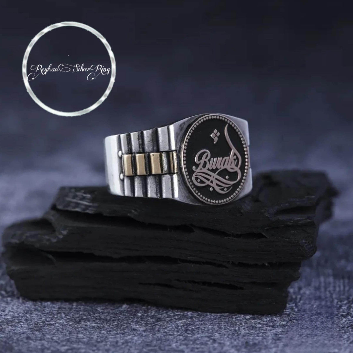 Personalized name ring with watch-inspired design in 925 sterling silver