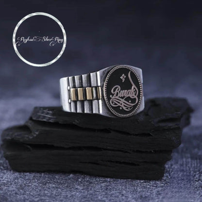 Personalized name ring with watch-inspired design in 925 sterling silver