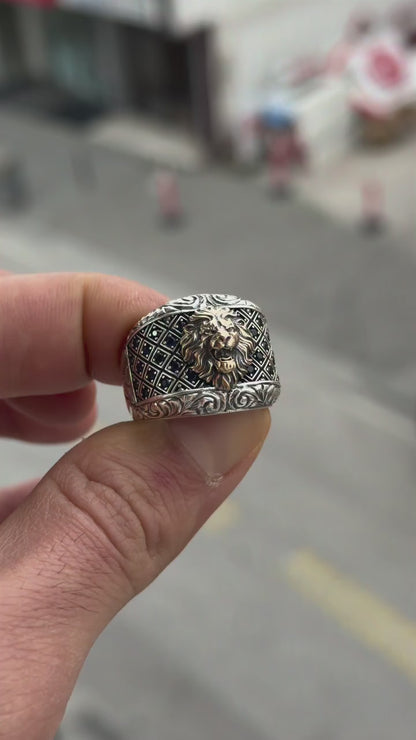 Lion Signet Ring for Men in 925 Sterling Silver with Black Zircon Stone Details