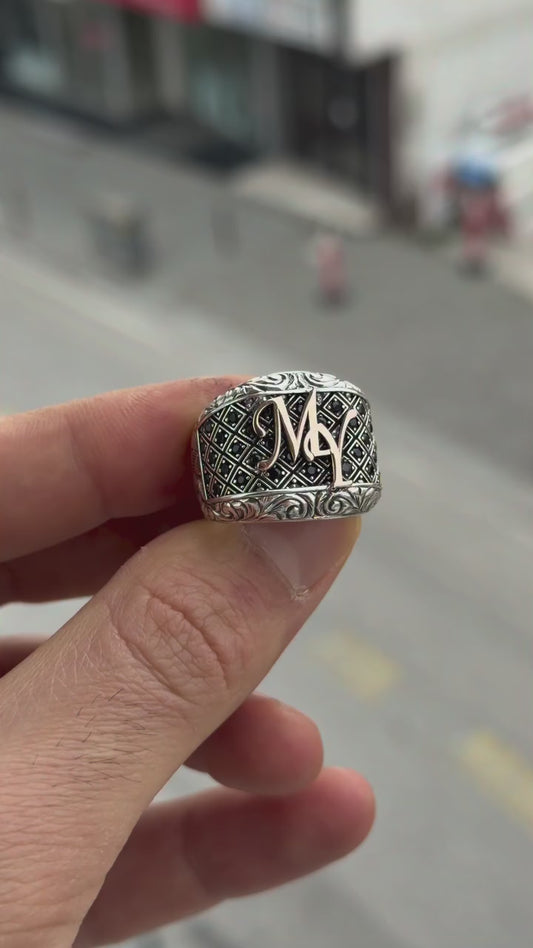 Rose Letter Detail Black Zircon Men’s Silver Ring
