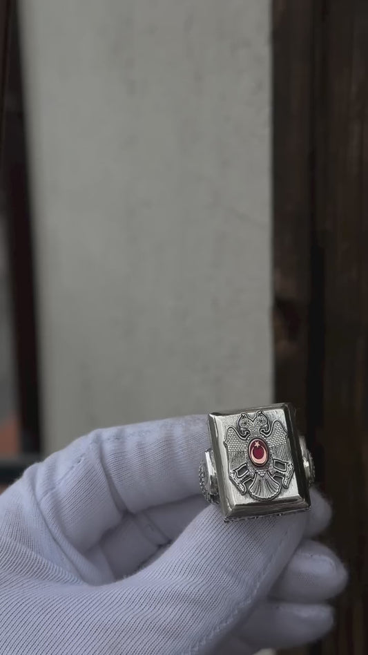 Seljuk Double Headed Eagle and Crescent Star Silver Ring