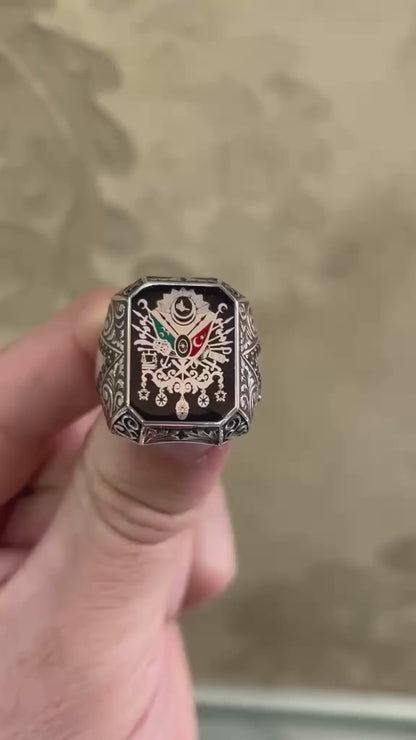Majestic OttomanCoat of Arms Ring – 925 Sterling Silver, Black Enamel & Micro Stone