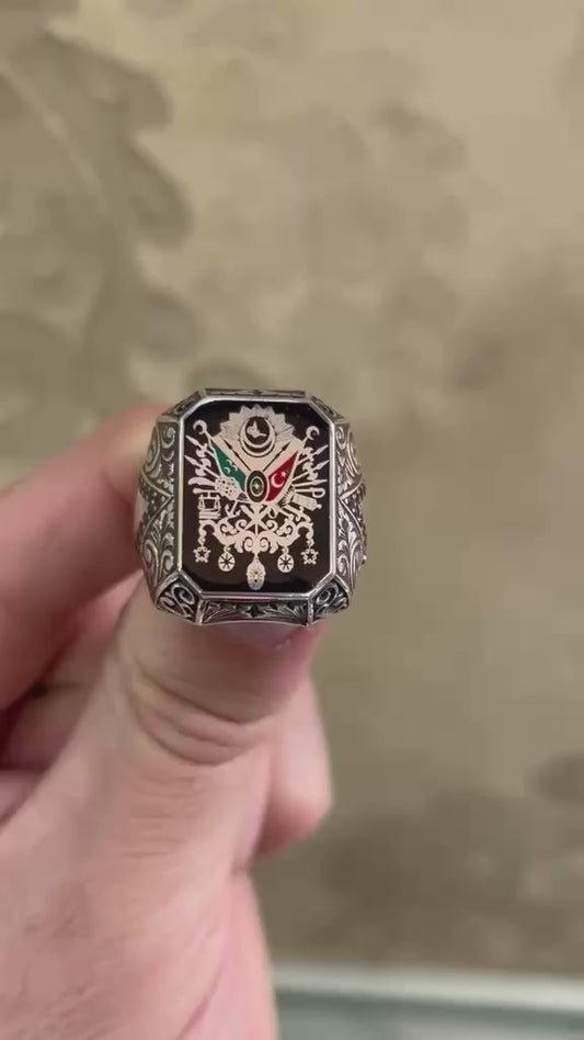 Majestic OttomanCoat of Arms Ring – 925 Sterling Silver, Black Enamel & Micro Stone