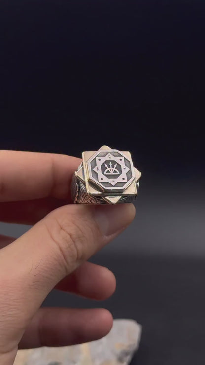 Oghuz Kagan Seal Ring in 925 Sterling Silver with Seljuk Eagle and OttomanFlag Details