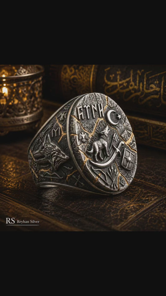 Otuken Obasi Sterling Silver Ring, Gokturk Wolf Turkish Men’s Jewelry