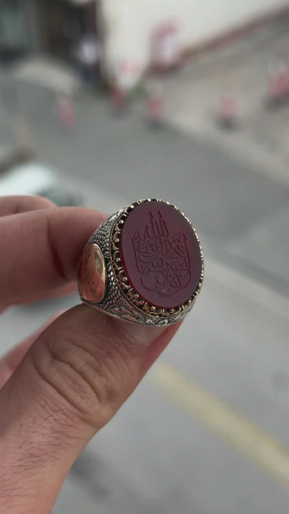 Tevhid Seal Red Agate Men’s Ring – 925 Sterling Silver Islamic Calligraphy Ring