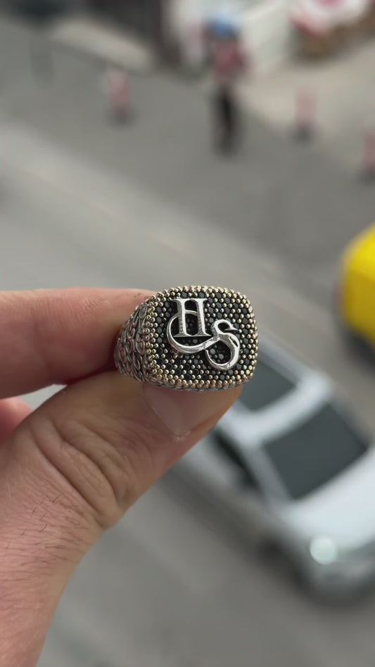 Personalized Letter Engraved 925 Sterling Silver Ring Black Zircon Handcrafted