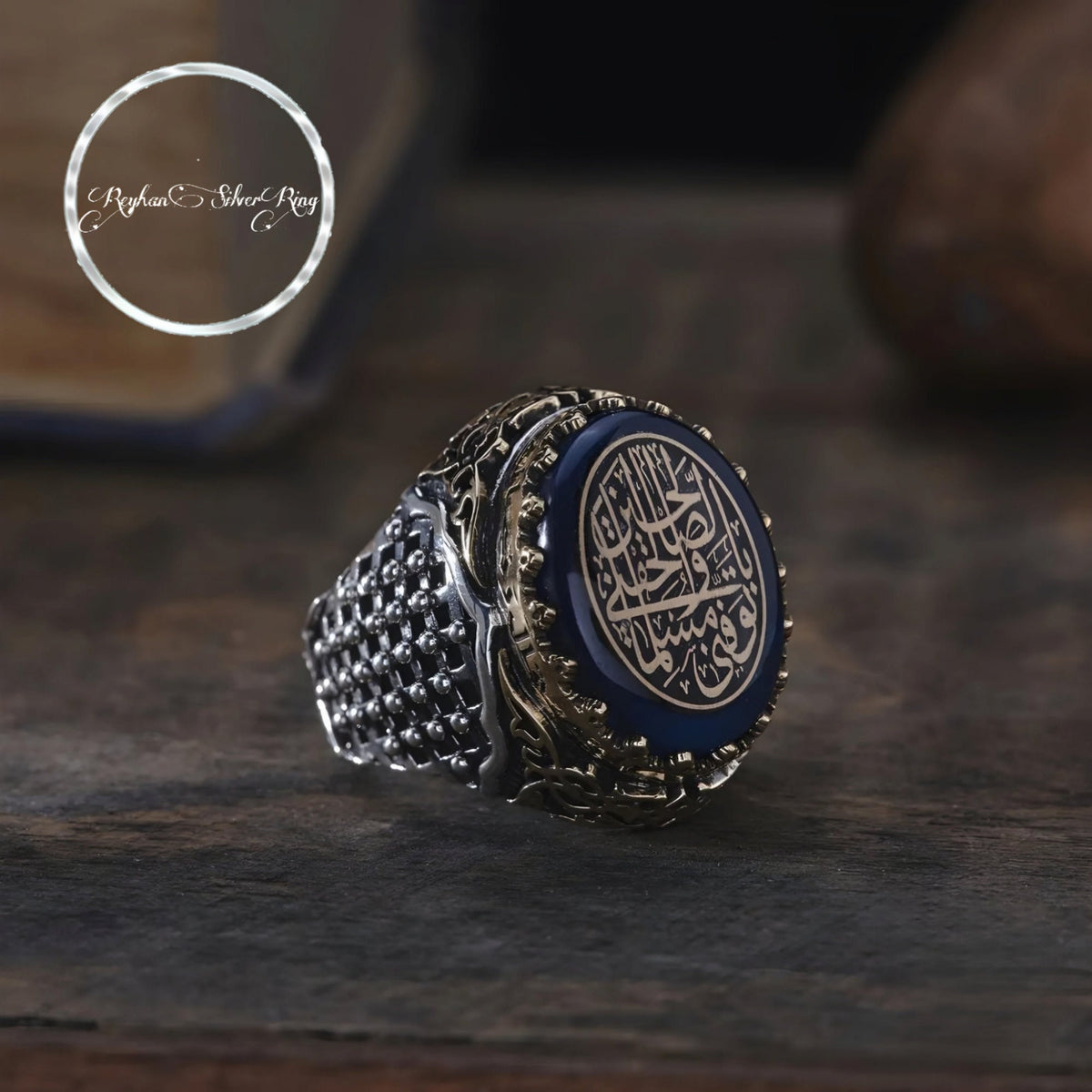 Prophet Yusuf dungeon ring with round blue amber in 925 sterling silver