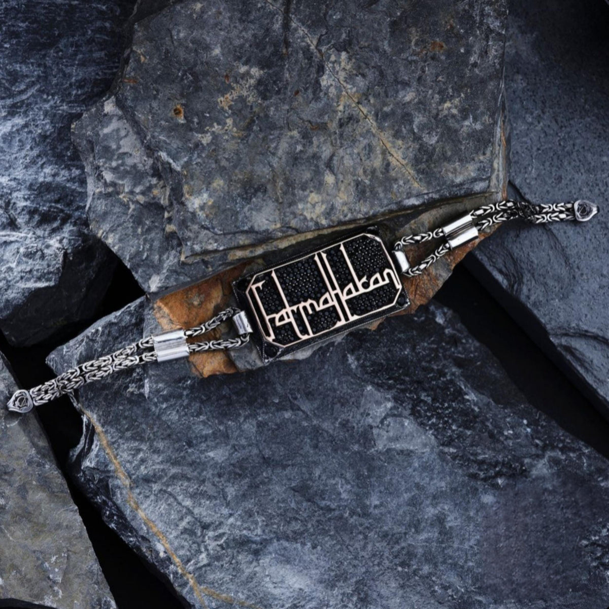 Rectangle name bracelet with black zircon corners in 925 sterling silver