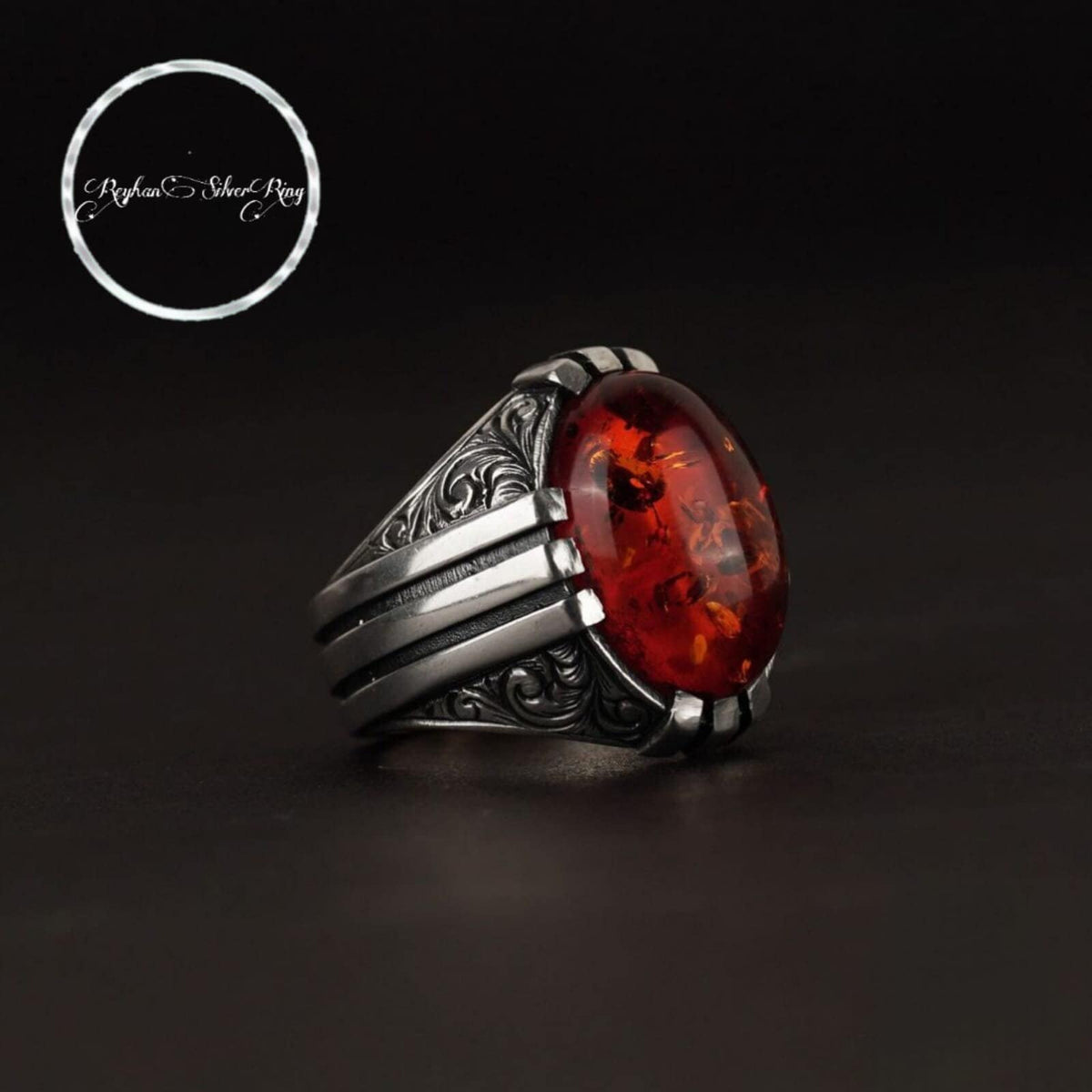 Red fire amber men's ring with engraved sides in 925 sterling silver