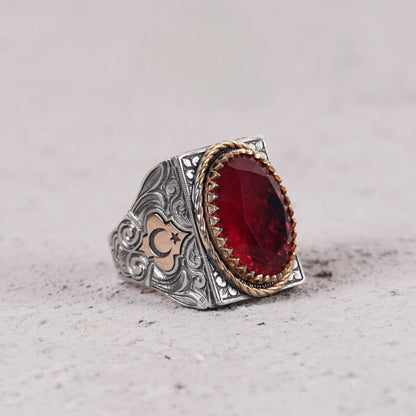 Red tourmaline ring with crescent and star in 925 sterling silver