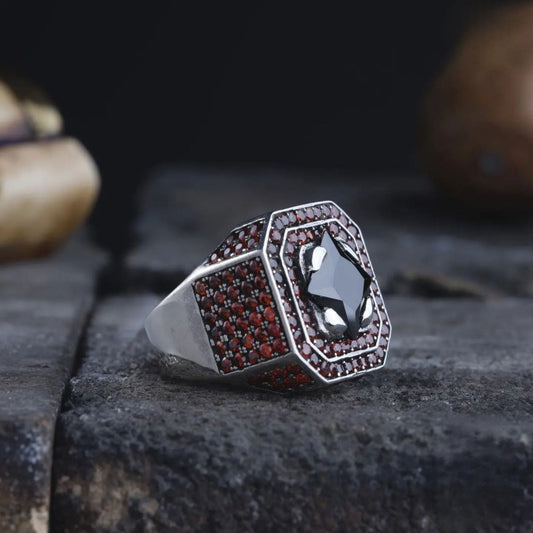 Red zircon unisex ring in 925 sterling silver