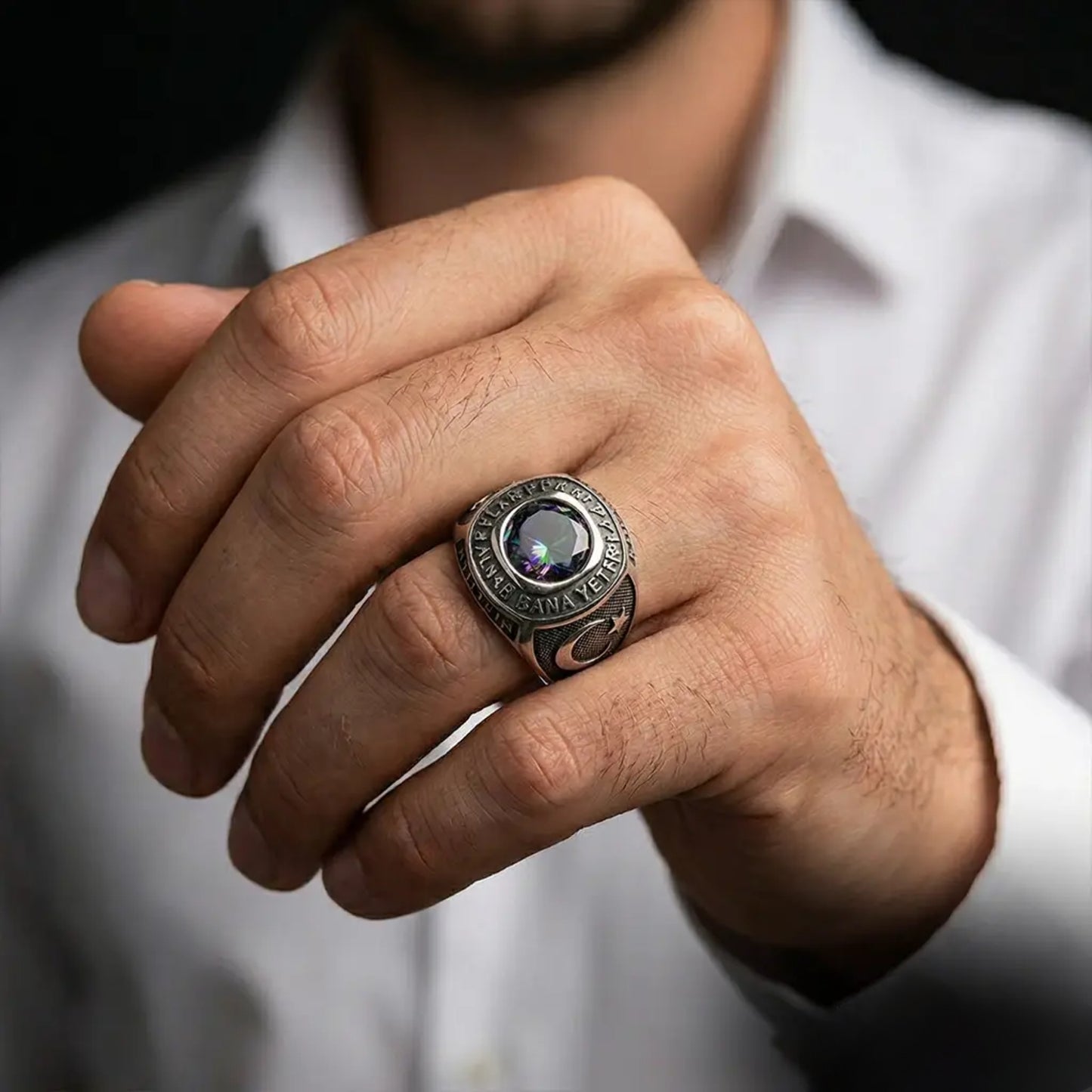 Mystic Topaz 925 Sterling Silver Islamic Ring – Hasbiyallahu Statement Design