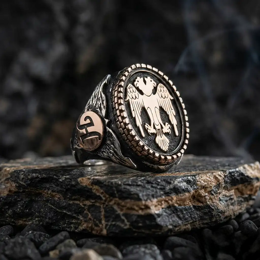 Double Headed Eagle Ring 925 Silver Ottoman Signet Oxidized