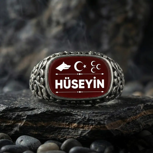 Personalized Wolf Silver Ring with Turkish Crescent Star