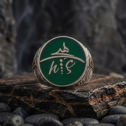 Personalized Sufi Hic Ring, Green Enamel 925 Sterling Silver Men's Ring