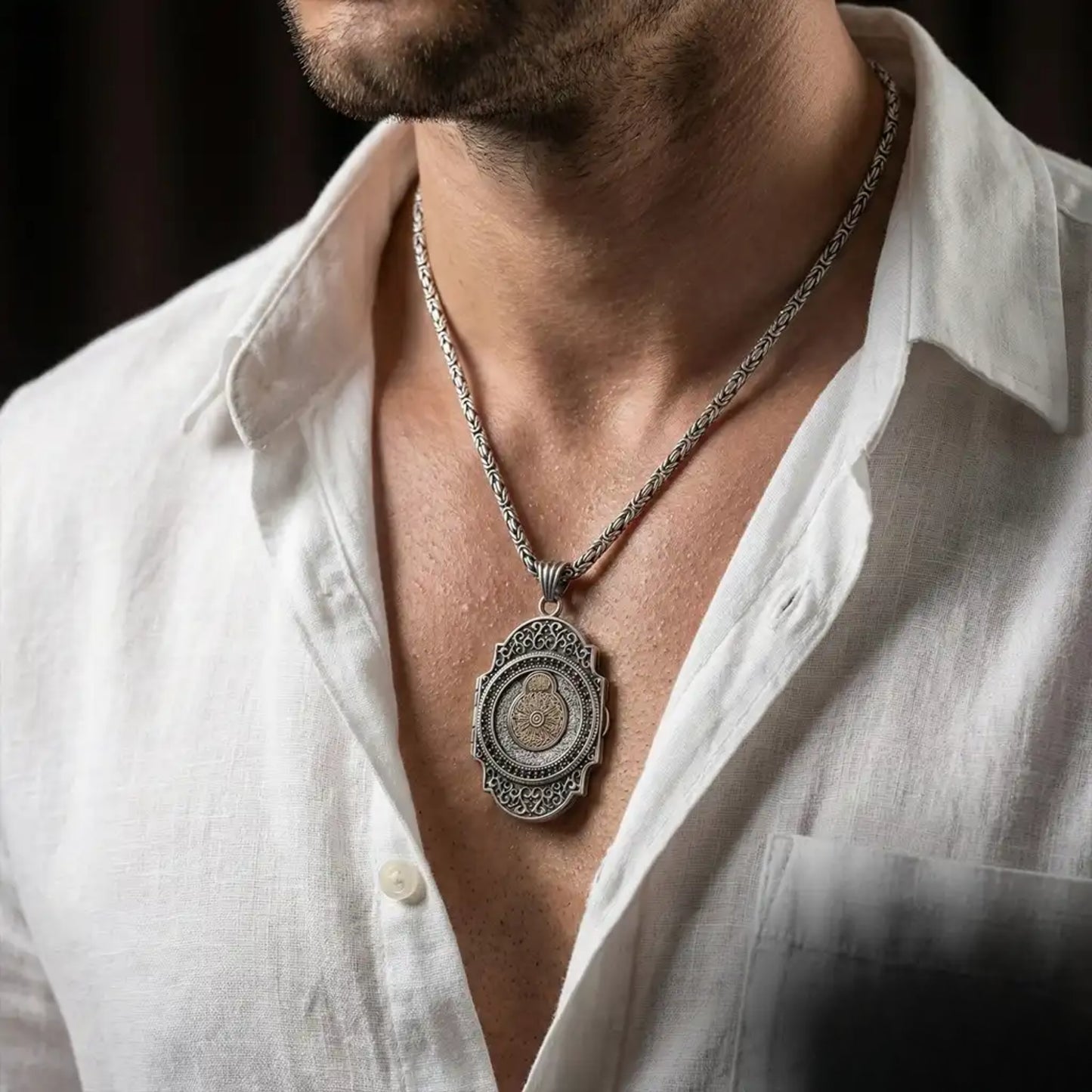 Islamic Silver Locket Necklace 925 Sterling Silver King Chain Men's Medallion