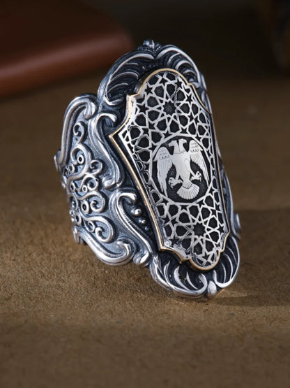 Seljuk Double-Headed Eagle Sterling Silver Men’s Ring – Ottoman Inspired Statement Ring