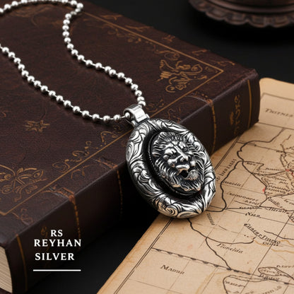 3D Lion Silver Necklace with Red Fire Amber Stone Handmade Gift