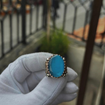 Blue Chalcedony Ring 925 Silver Islamic Ottoman Handmade Men
