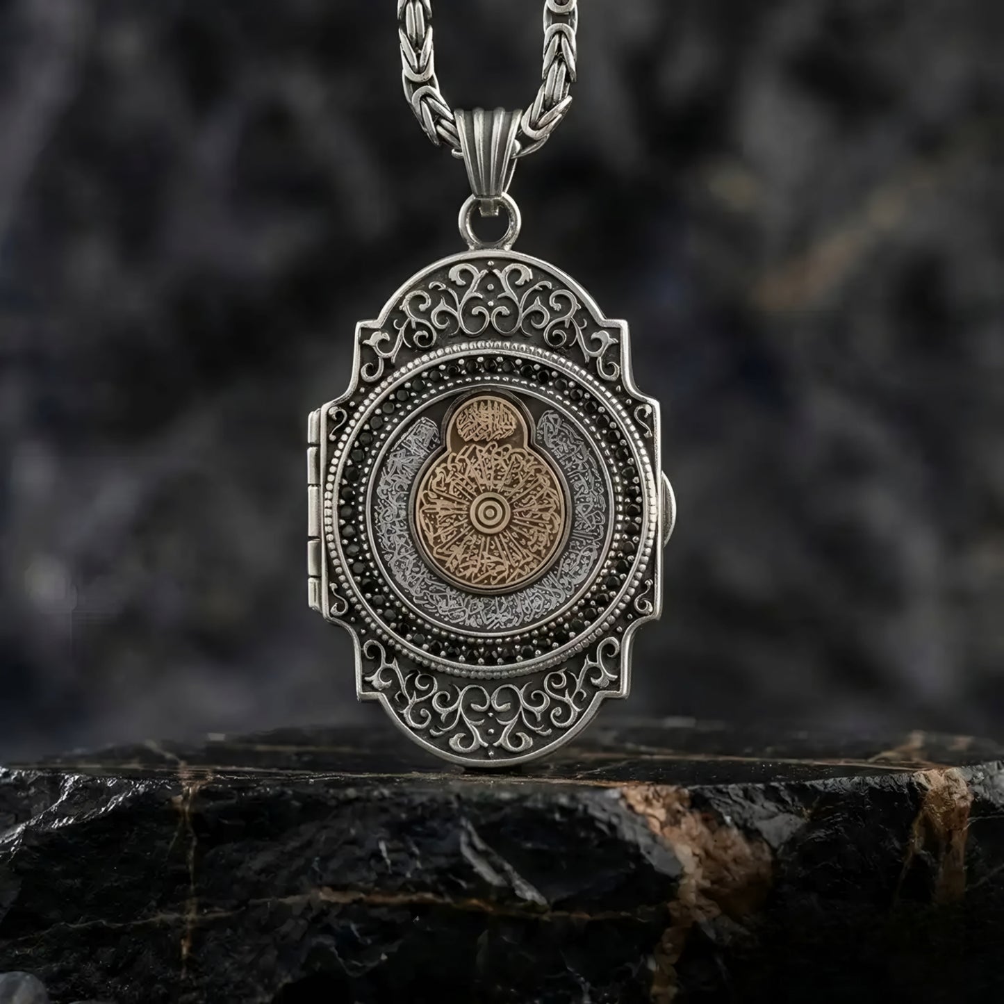 Islamic Silver Locket Necklace 925 Sterling Silver King Chain Men's Medallion
