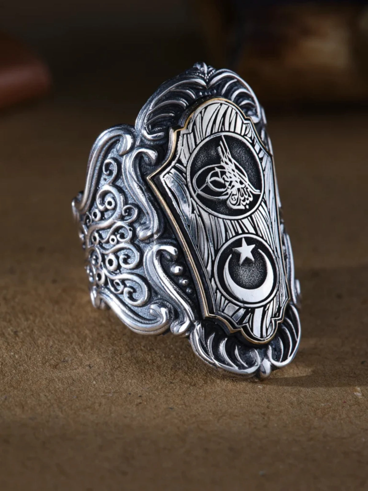 Handmade 925 Sterling Silver Zihgir Thumb Ring with Ottoman Tughra and Crescent Star – Personalized Men’s Gift