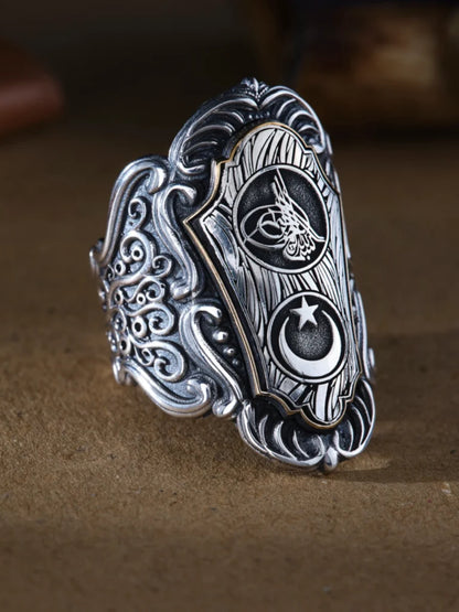 Handmade 925 Sterling Silver Zihgir Thumb Ring with Ottoman Tughra and Crescent Star – Personalized Men’s Gift