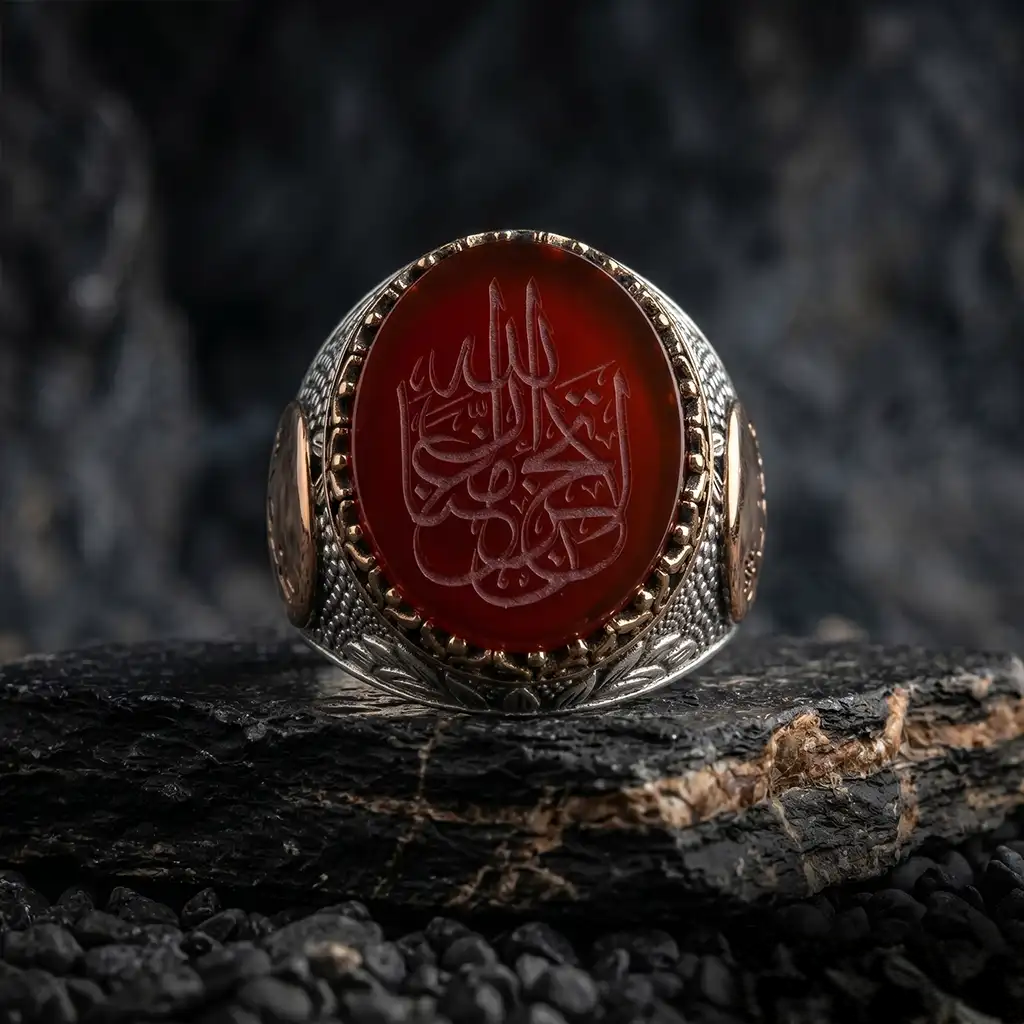 Tevhid Seal Red Agate Men’s Ring – 925 Sterling Silver Islamic Calligraphy Ring