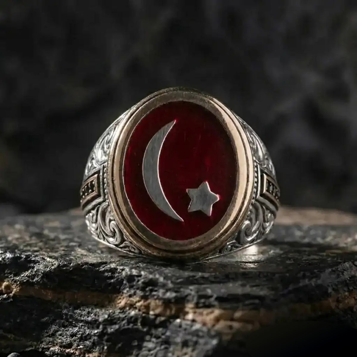 Personalized Turkish Crescent Star 925 Sterling Silver Men's Ring